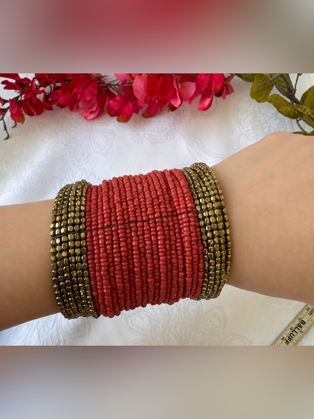 Chico's Bracelet Orange Seed Bead Goldtone Wide Cuff Bangle 3" NEW